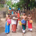 காரைநகர் நீலிப்பந்தனை ஶ்ரீ துர்க்கை அம்பாள் ஆலய வருடாந்த பொங்கல் வேள்வியை முன்னிட்டு கிராமிய வழிபாட்டு முறையில் ‘தண்டல்’ மூலம் வேள்விக்கான பொருட்கள் சேமிப்பு.